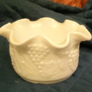 Antique Milk Glass Fluted Bowl with Grape Design